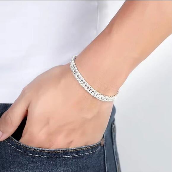 925 Sterling Silver Necklace Bracelet Set Double Chain Geometric Christmas NEW!